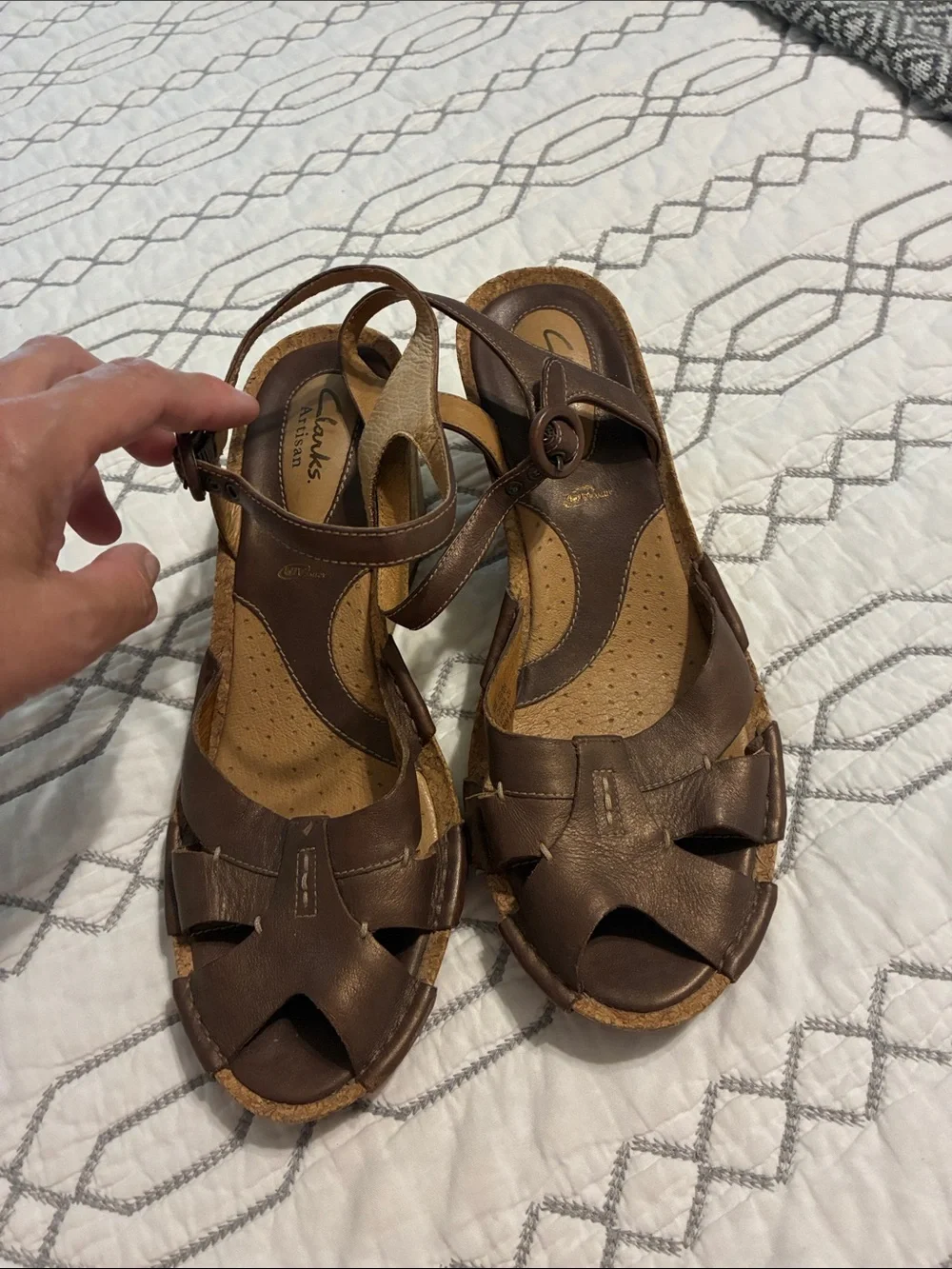 Clarks Brown Leather Slingback Wedge Sandals with Cutout Toe